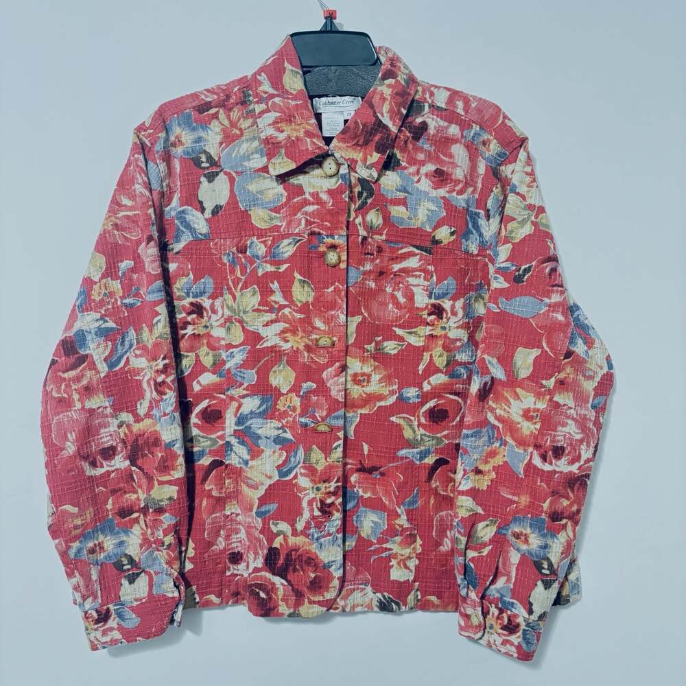 Coldwater Creek Women's Red Floral Textured Button-Down Jacket Size 2X